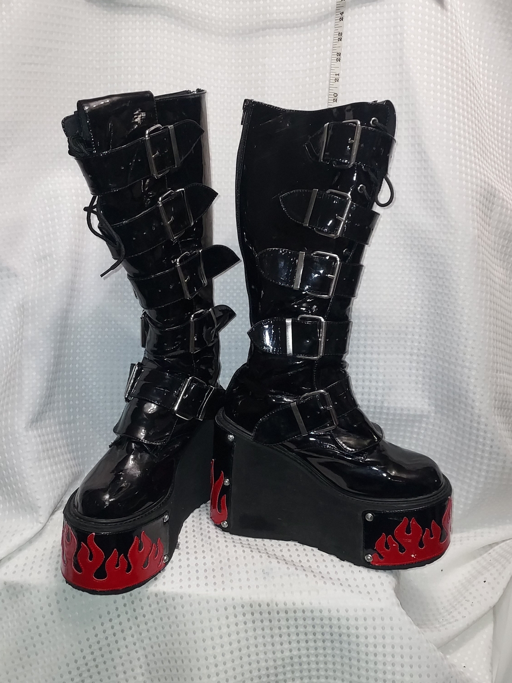 Demonia Black Patent Platform Buckle Boots with Red Flame Sole
